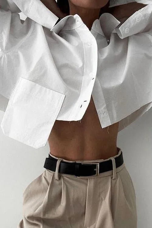 Cropped navel short white shirt