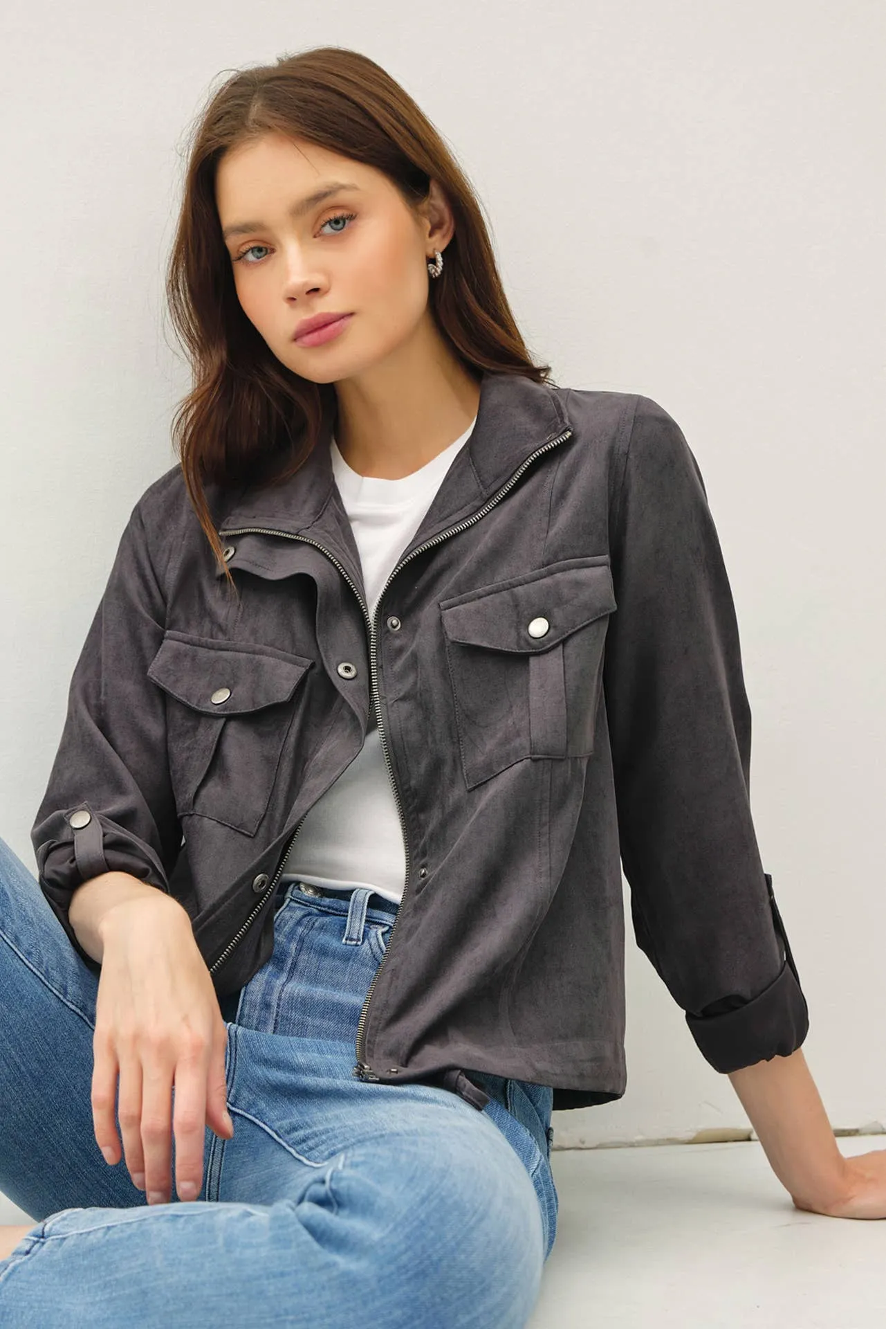 CROPPED UTILITY ZIPPER SAFARI JACKET
