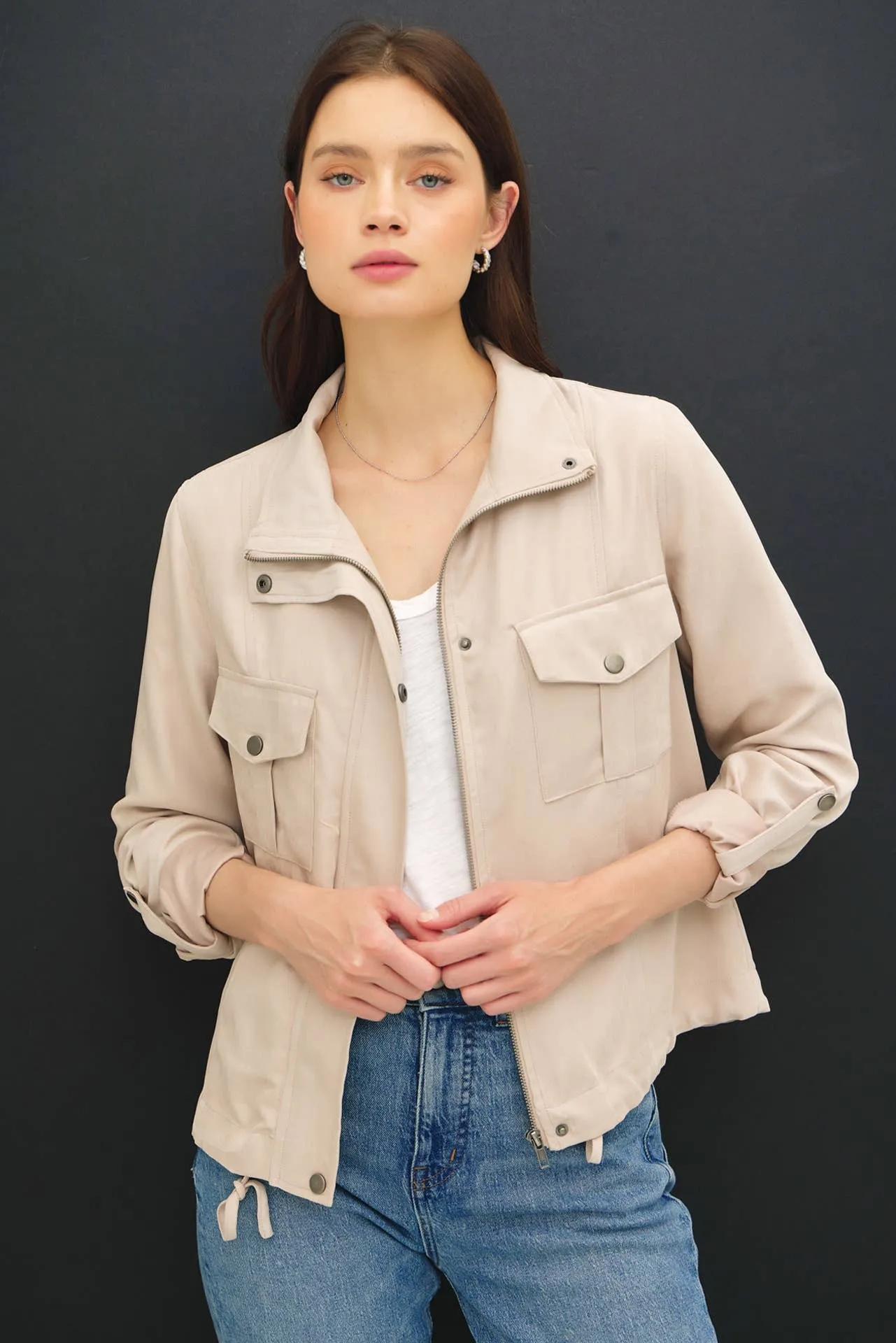 CROPPED UTILITY ZIPPER SAFARI JACKET