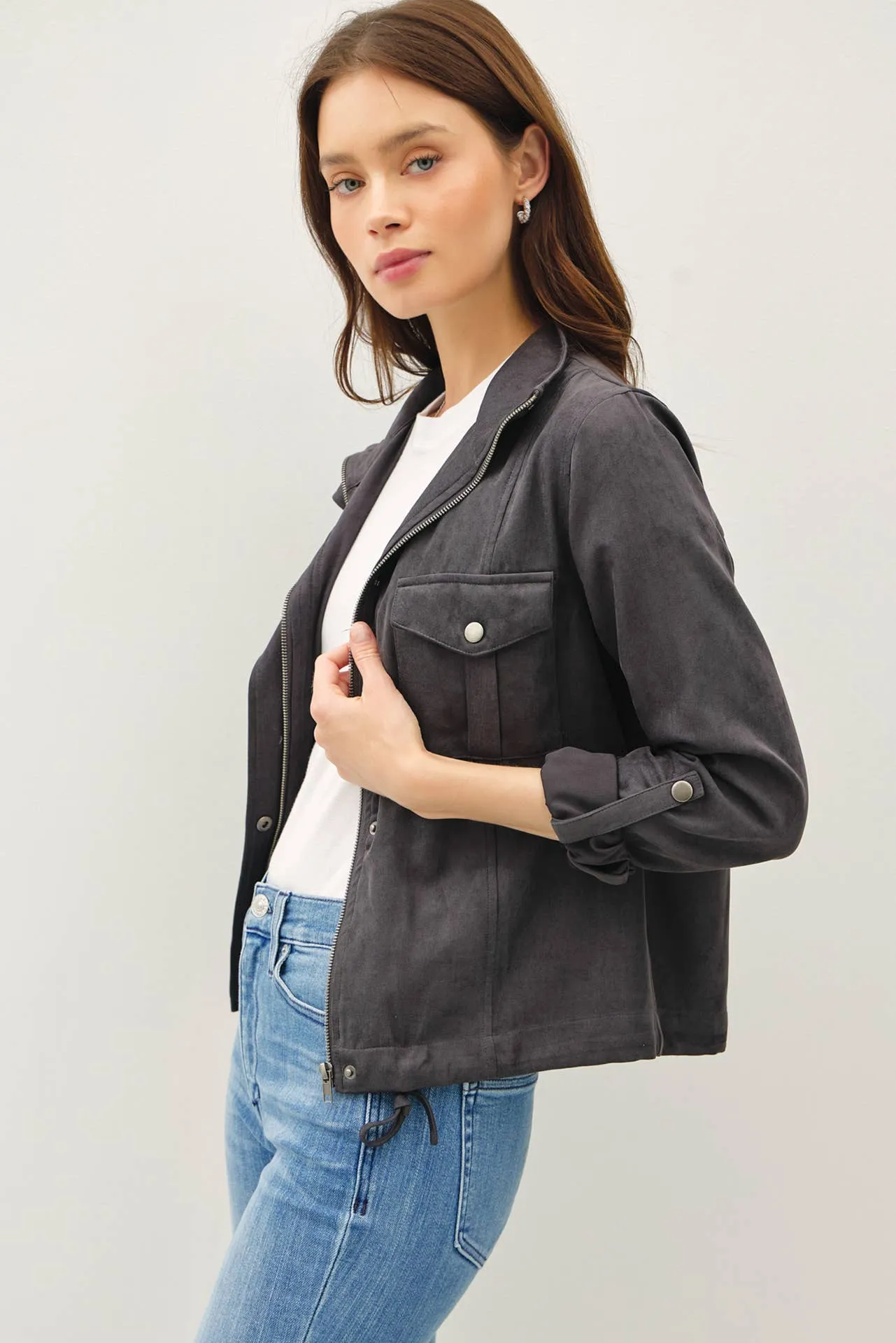 CROPPED UTILITY ZIPPER SAFARI JACKET