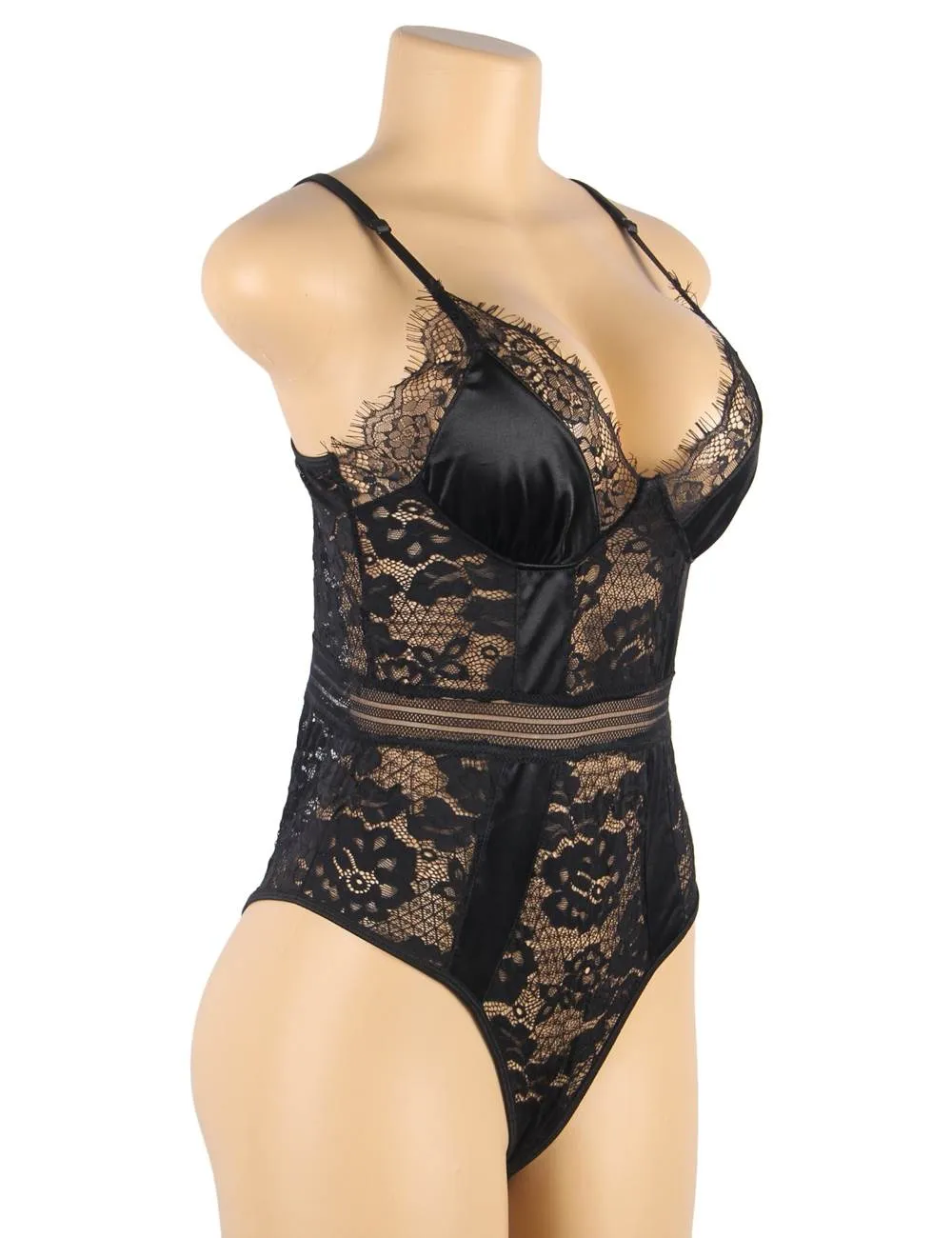 Crotch Open Black & White & Tan Lace High Quality Eyelash Lace Splice Sexy Bodysuit With Farawlaya
