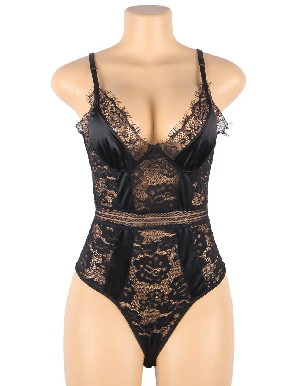 Crotch Open Black & White & Tan Lace High Quality Eyelash Lace Splice Sexy Bodysuit With Farawlaya