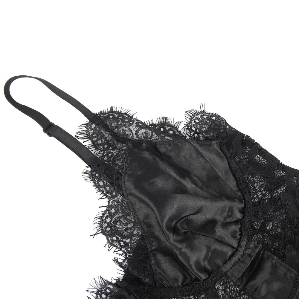Crotch Open Black & White & Tan Lace High Quality Eyelash Lace Splice Sexy Bodysuit With Farawlaya