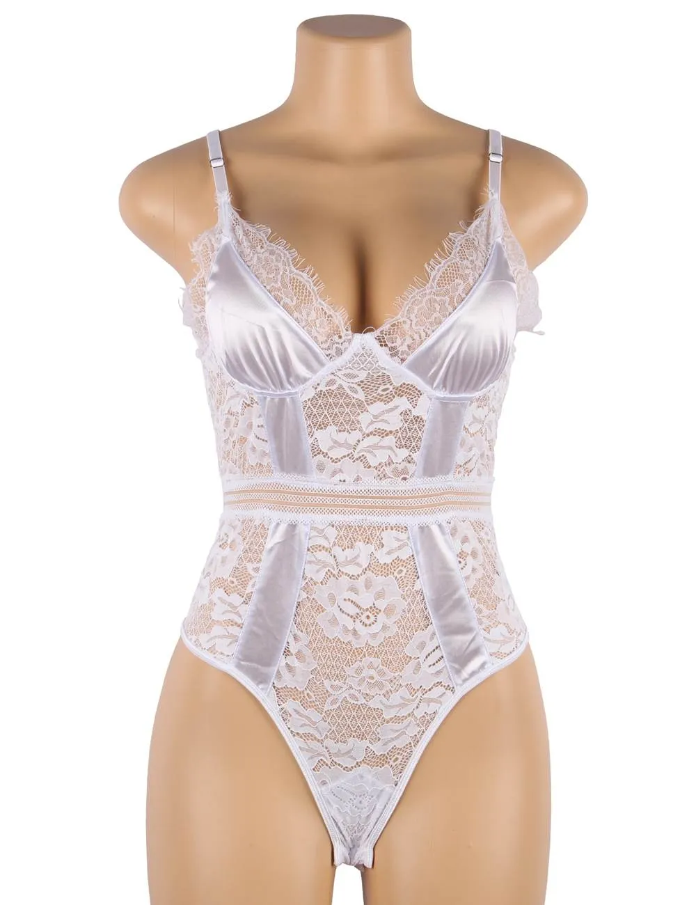 Crotch Open Black & White & Tan Lace High Quality Eyelash Lace Splice Sexy Bodysuit With Farawlaya