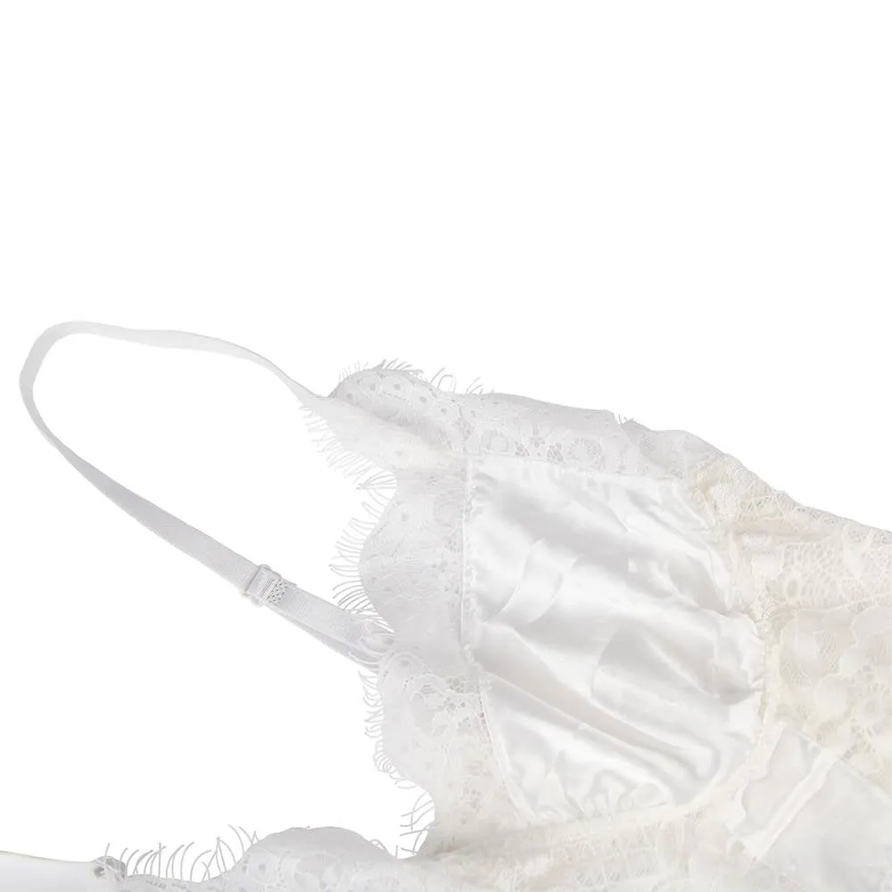 Crotch Open Black & White & Tan Lace High Quality Eyelash Lace Splice Sexy Bodysuit With Farawlaya