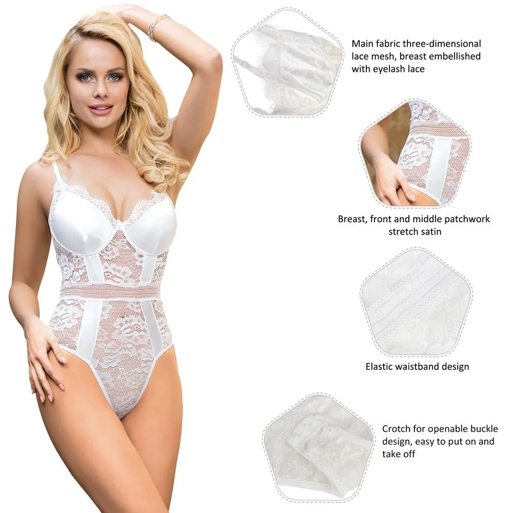 Crotch Open Black & White & Tan Lace High Quality Eyelash Lace Splice Sexy Bodysuit With Farawlaya