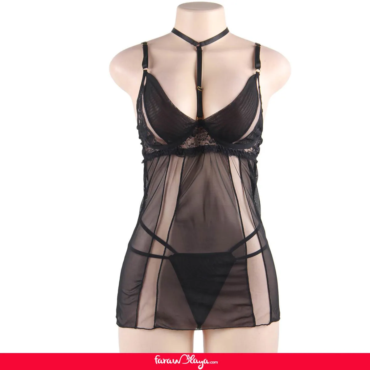 Elegant Black Lace Hanging Neck Perspective Sexy Egypt Babydoll