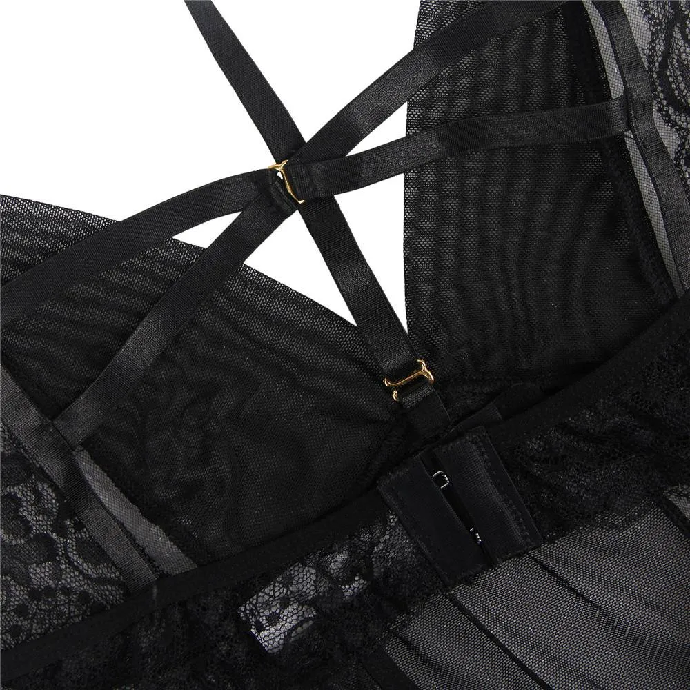 Elegant Black Lace Hanging Neck Perspective Sexy Egypt Babydoll
