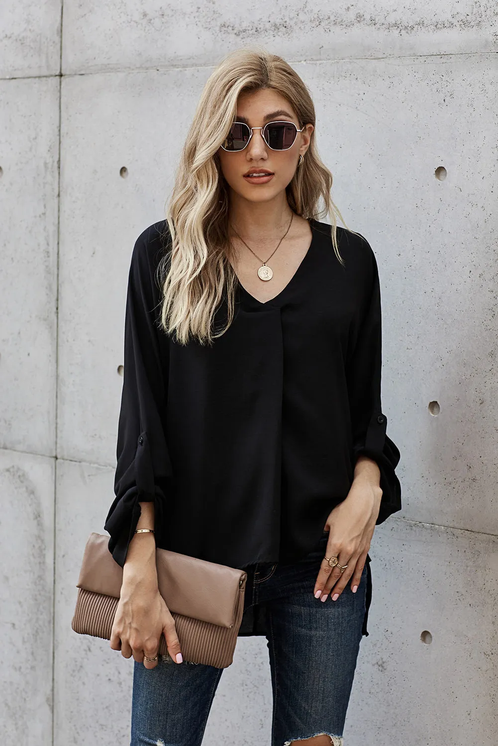 Elegant Black V Neck 3/4 Sleeve High Low Hem Shirt