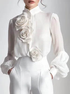 Elegant White Blouse with 3D Floral Embellishments