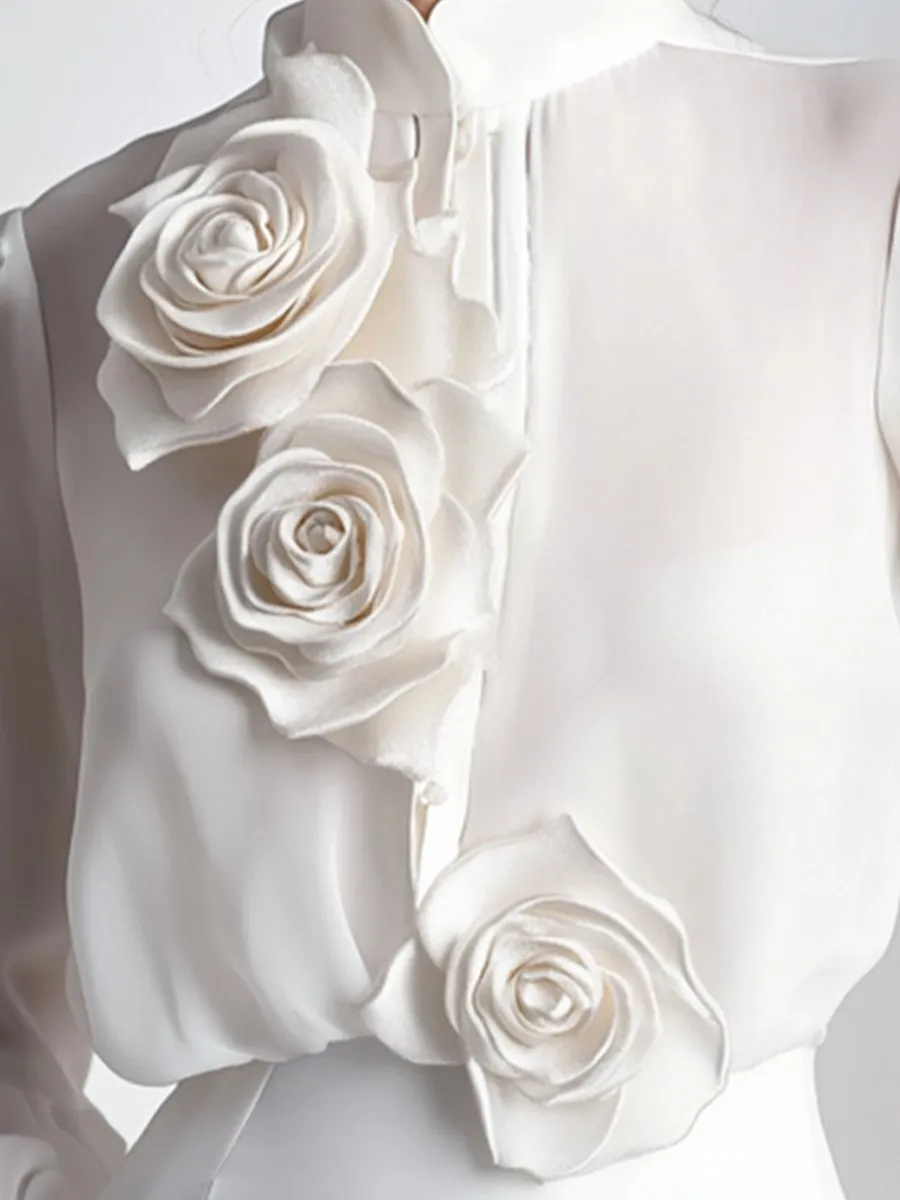 Elegant White Blouse with 3D Floral Embellishments