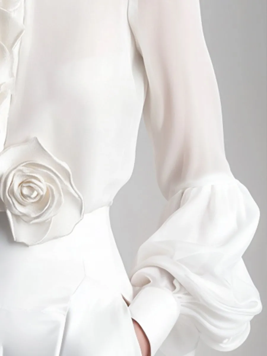 Elegant White Blouse with 3D Floral Embellishments