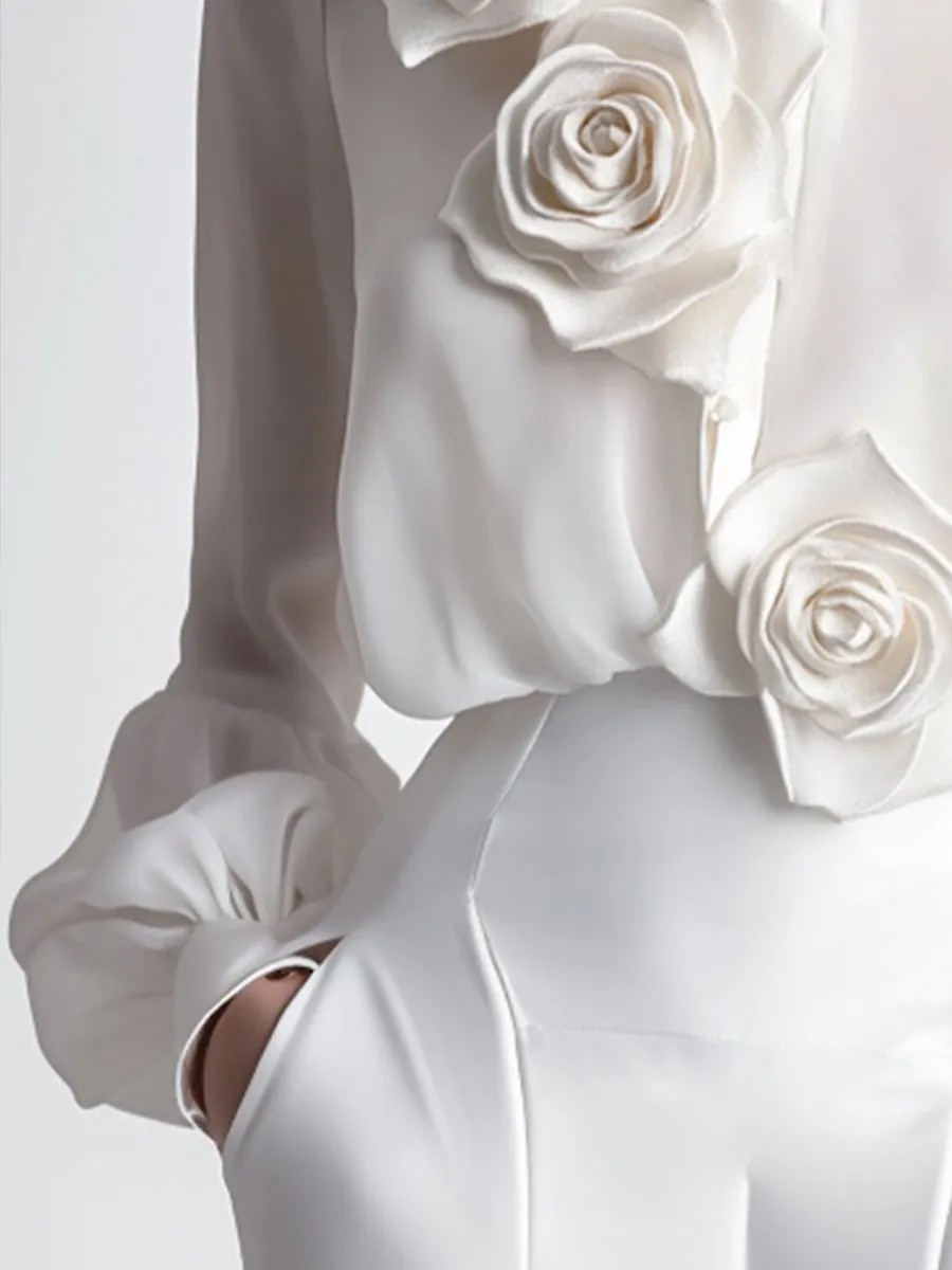 Elegant White Blouse with 3D Floral Embellishments