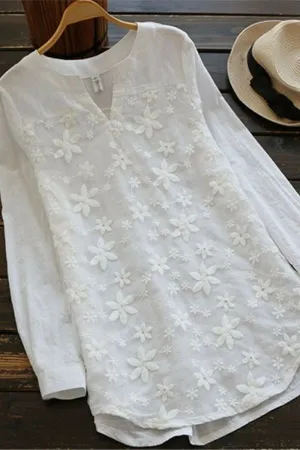 Embroidered Lace Long Sleeve Cotton Shirt
