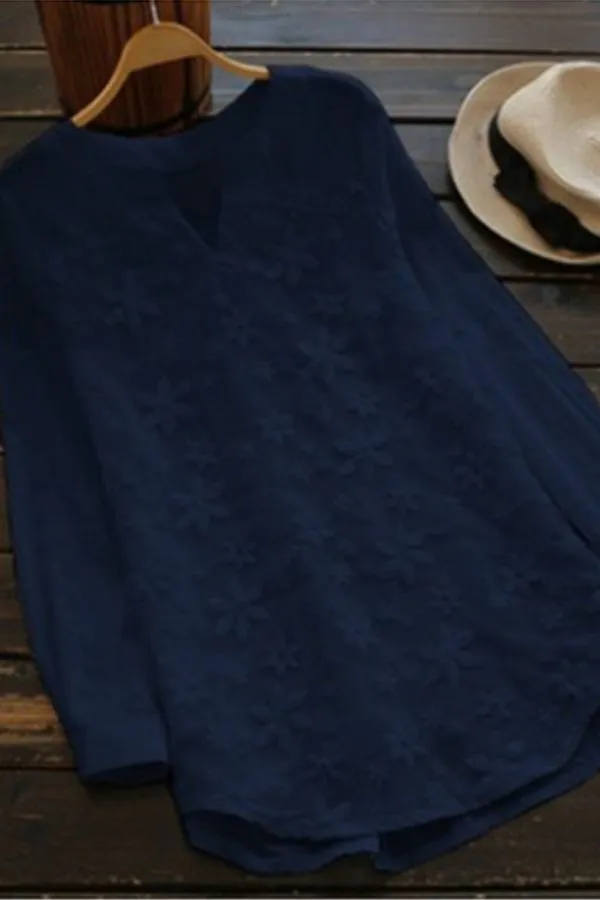 Embroidered Lace Long Sleeve Cotton Shirt