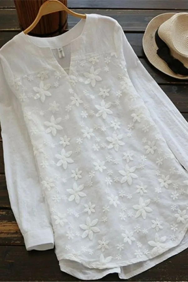 Embroidered Lace Long Sleeve Cotton Shirt