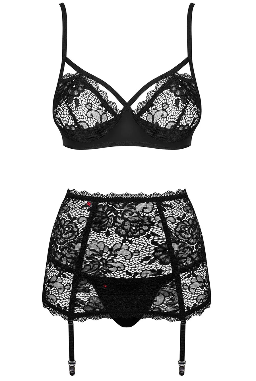 Euroepan Black Lace Underwire Bra & Garterbelt Set