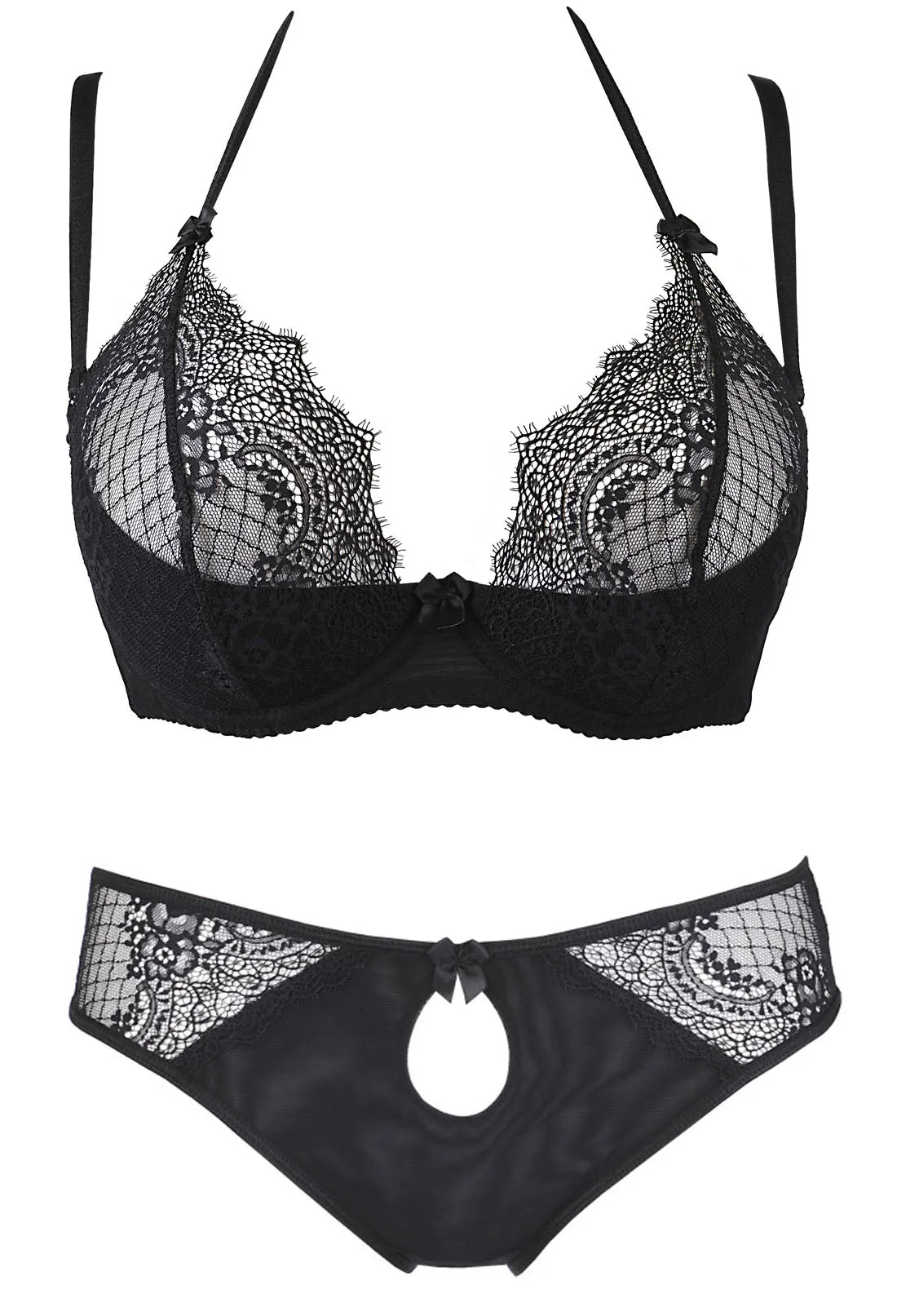 European Black Lace Peek A Boo Bra & Panty Set