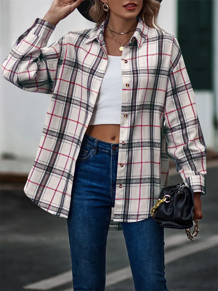 Fashion Leisure Baggy Grid Long Sleeve Women's Blouses