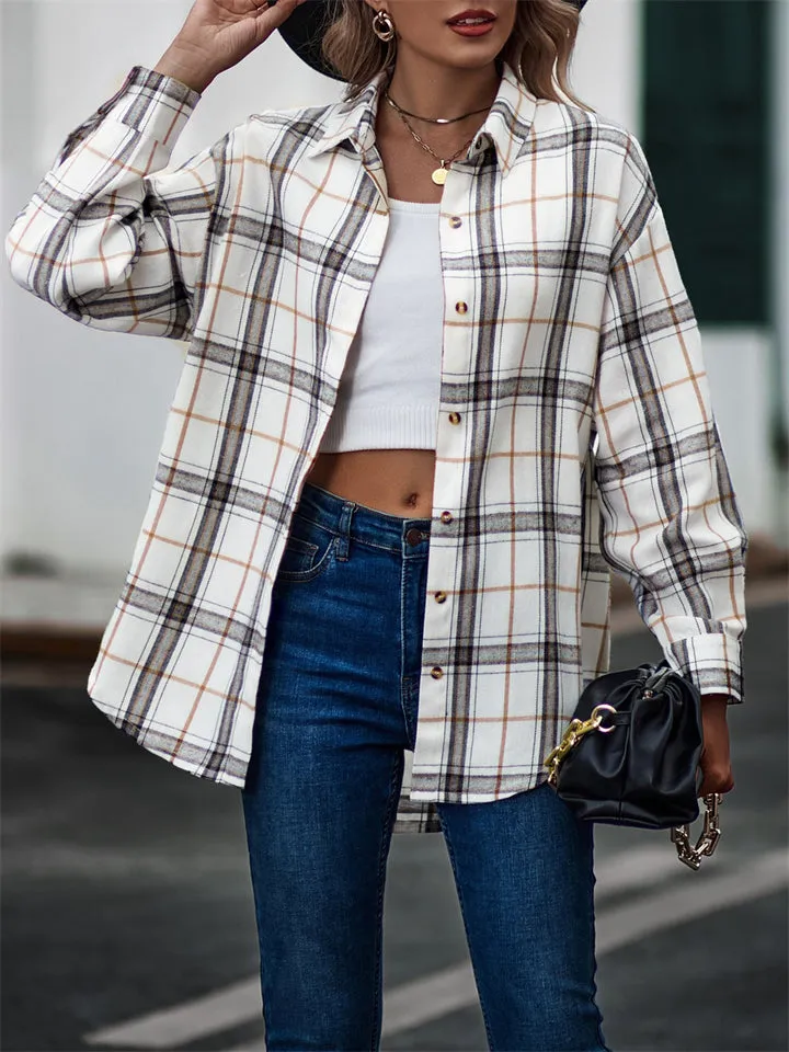 Fashion Leisure Baggy Grid Long Sleeve Women's Blouses