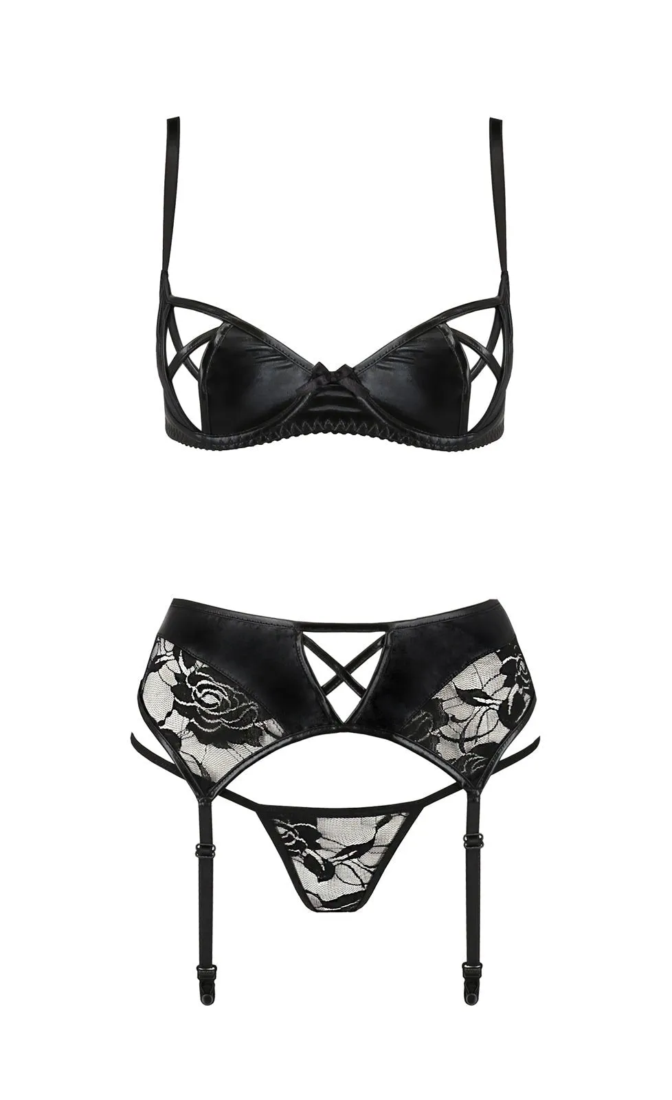 Faux Leather Open Bra & Garter Belt 3 Piece Set