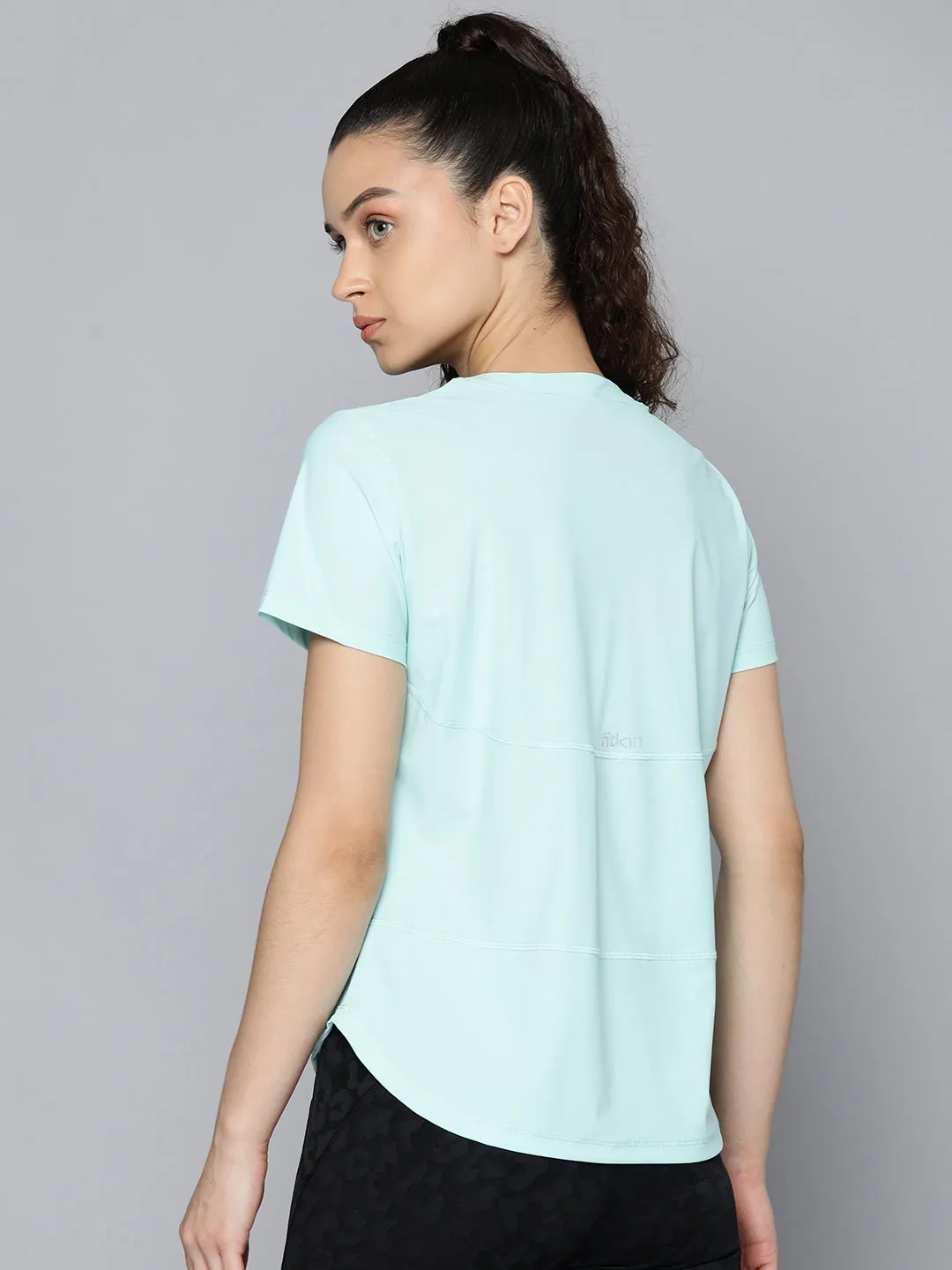 Fitkin Women Aqua Blue Solid T-shirt With Curved Hem