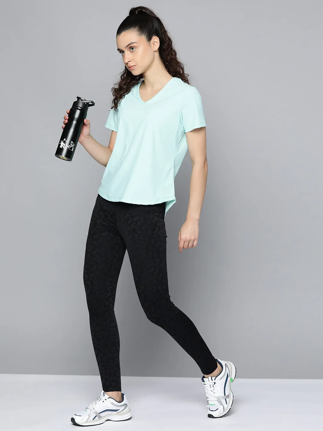 Fitkin Women Aqua Blue Solid T-shirt With Curved Hem