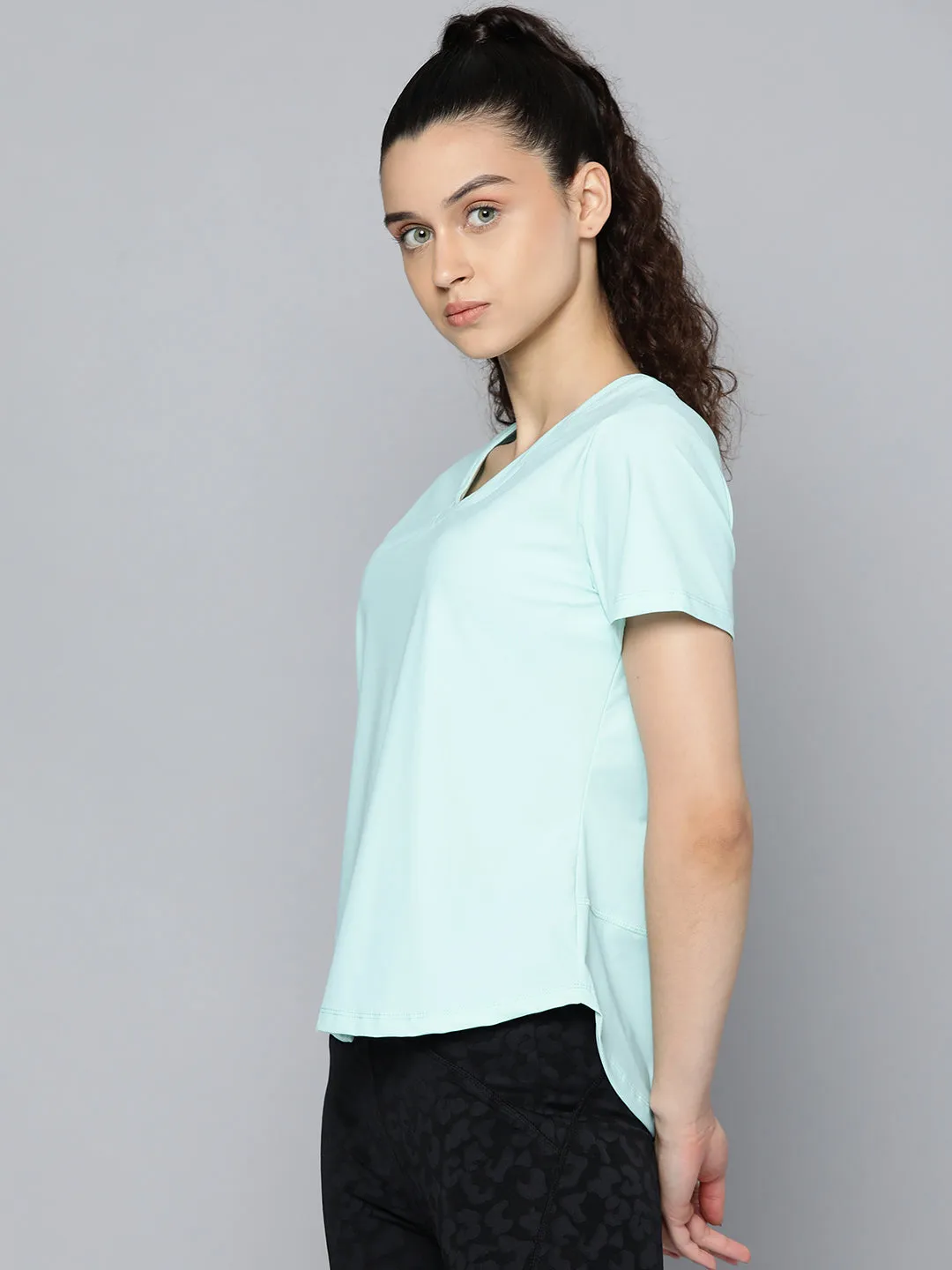 Fitkin Women Aqua Blue Solid T-shirt With Curved Hem