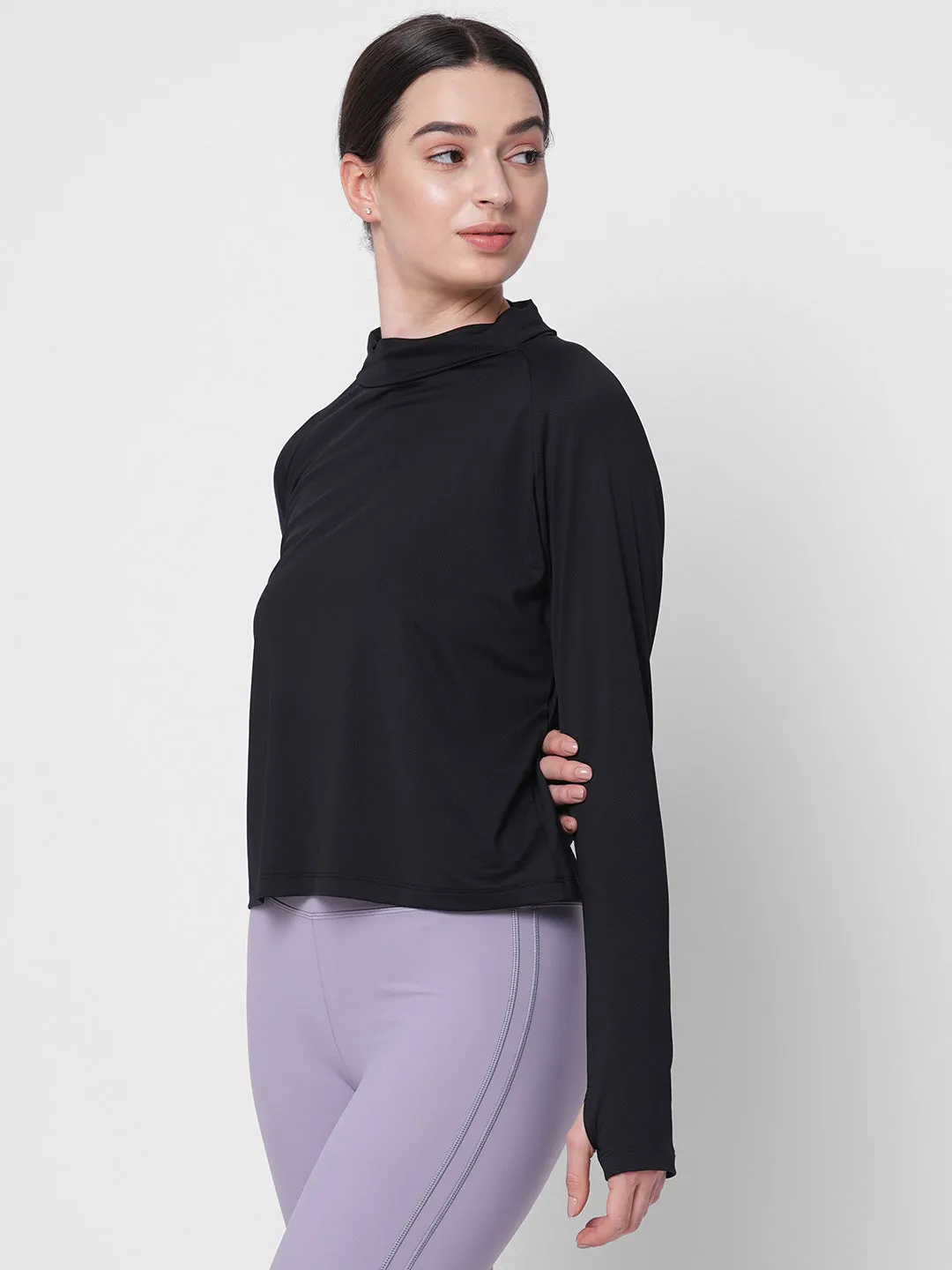 Fitkin women black self design turtle neck long sleeve top