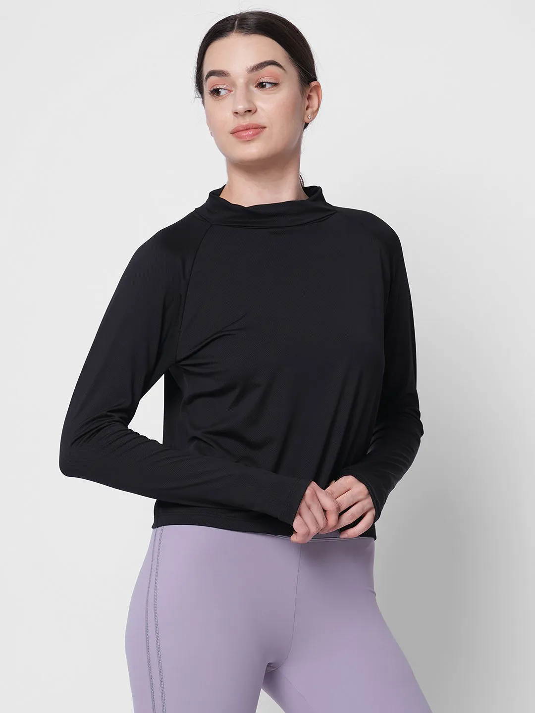 Fitkin women black self design turtle neck long sleeve top