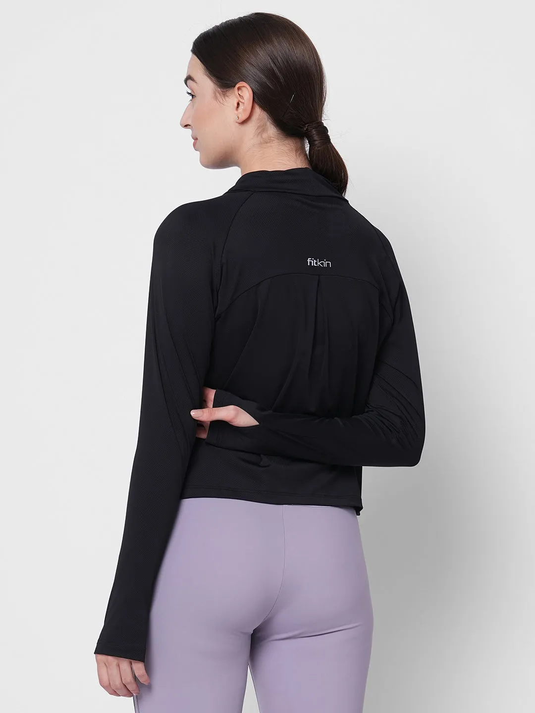 Fitkin women black self design turtle neck long sleeve top