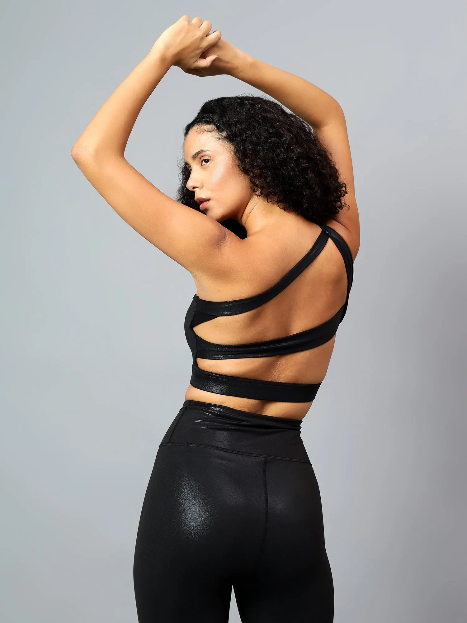 Fitkin Women Black Shine On Sports Bra Leggings Co-ord Set