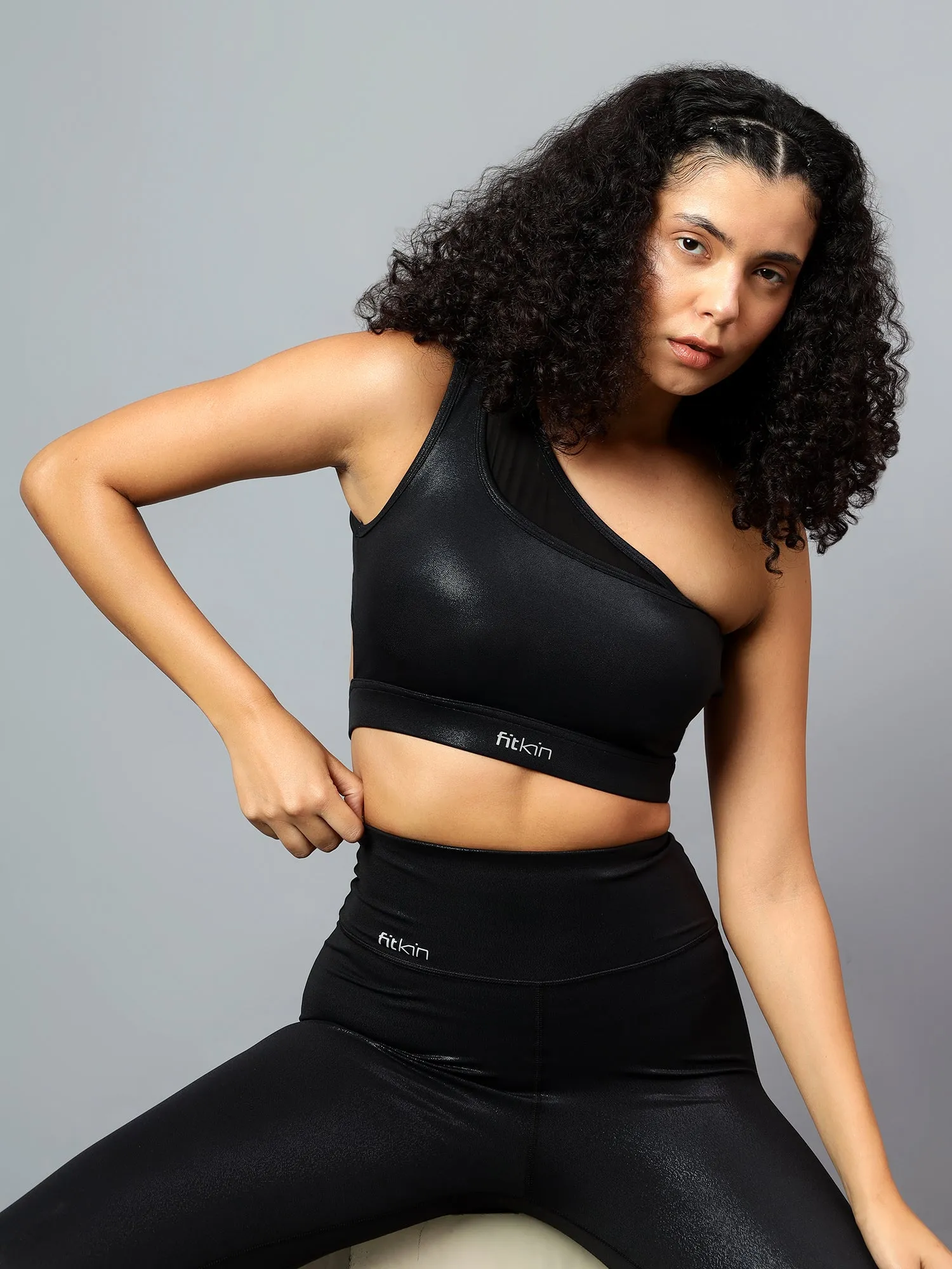 Fitkin Women Black Shine On Sports Bra Leggings Co-ord Set