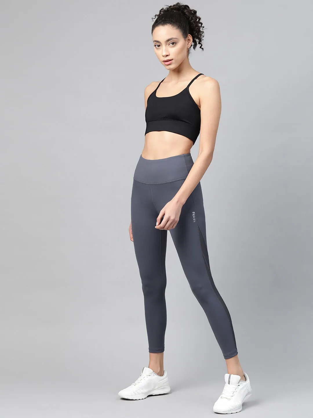 Fitkin Women Grey Side Net Panel Tights