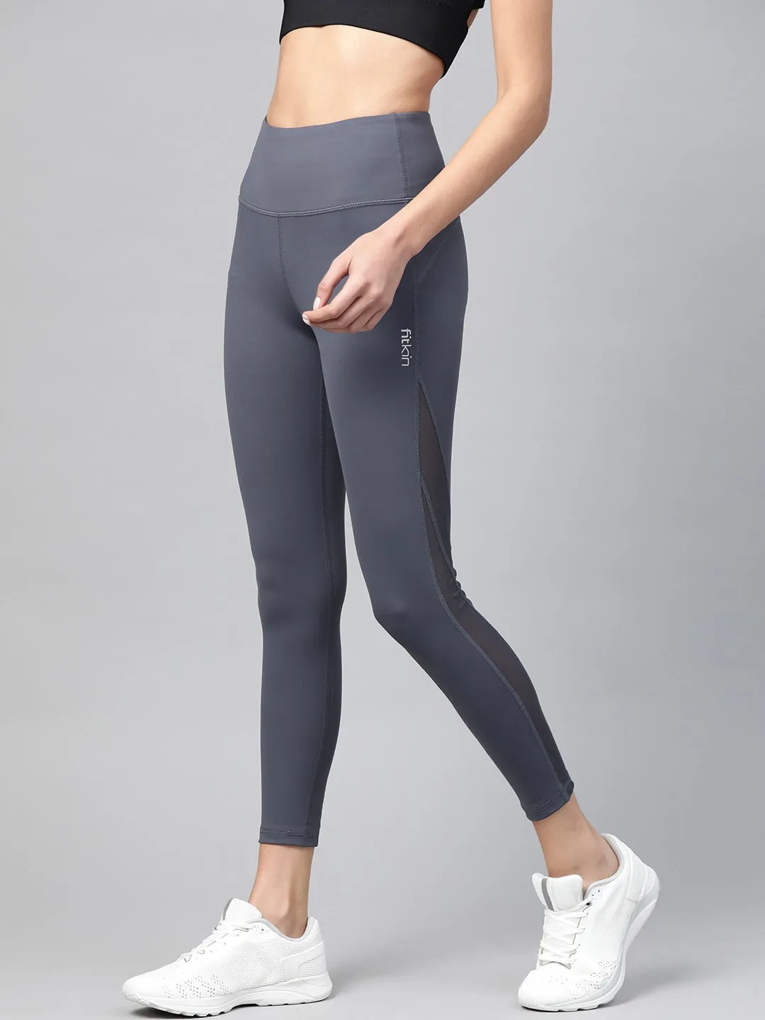 Fitkin Women Grey Side Net Panel Tights