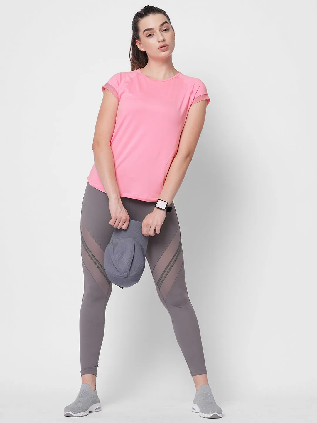 Fitkin women neon pink side net panel detail tshirt
