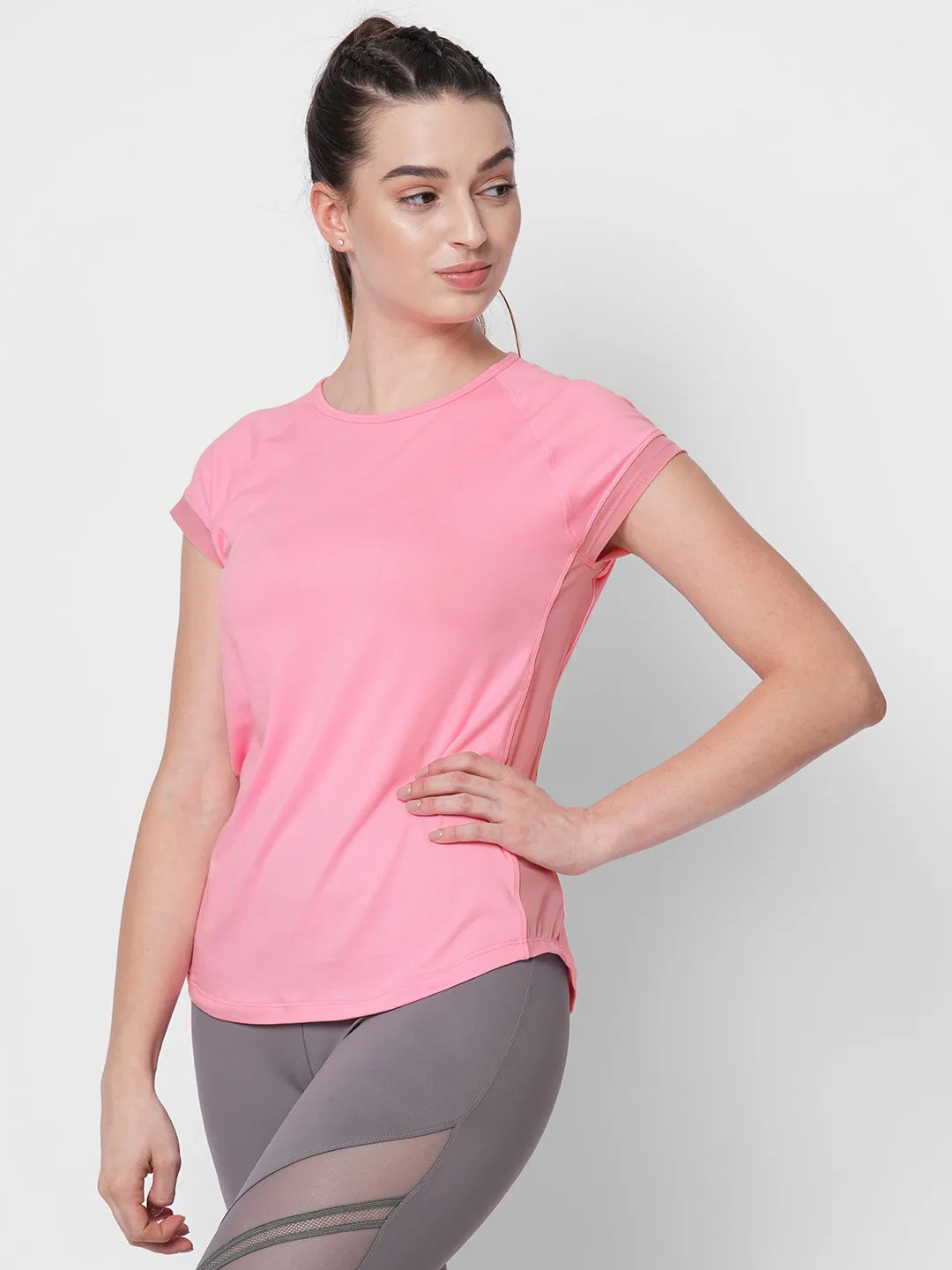 Fitkin women neon pink side net panel detail tshirt