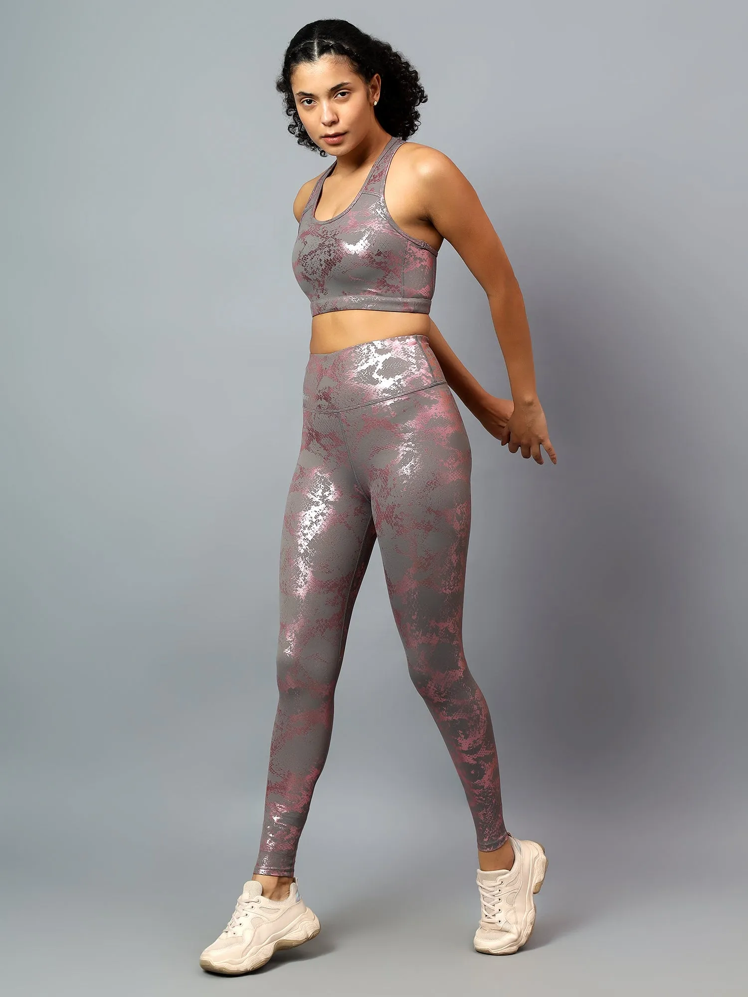 Fitkin Women Pink Animal Print Sports Bra Leggings Co-ord Set