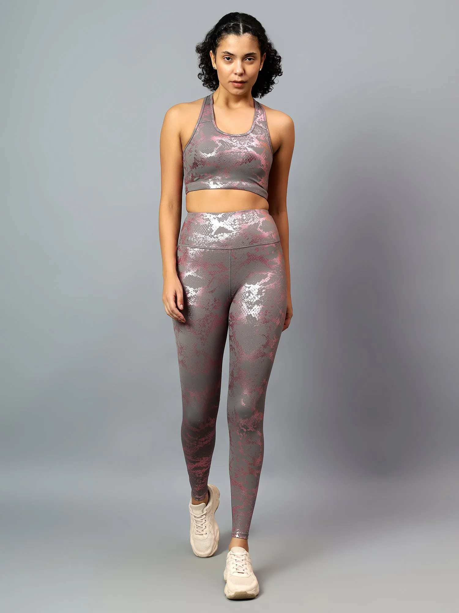 Fitkin Women Pink Animal Print Sports Bra Leggings Co-ord Set