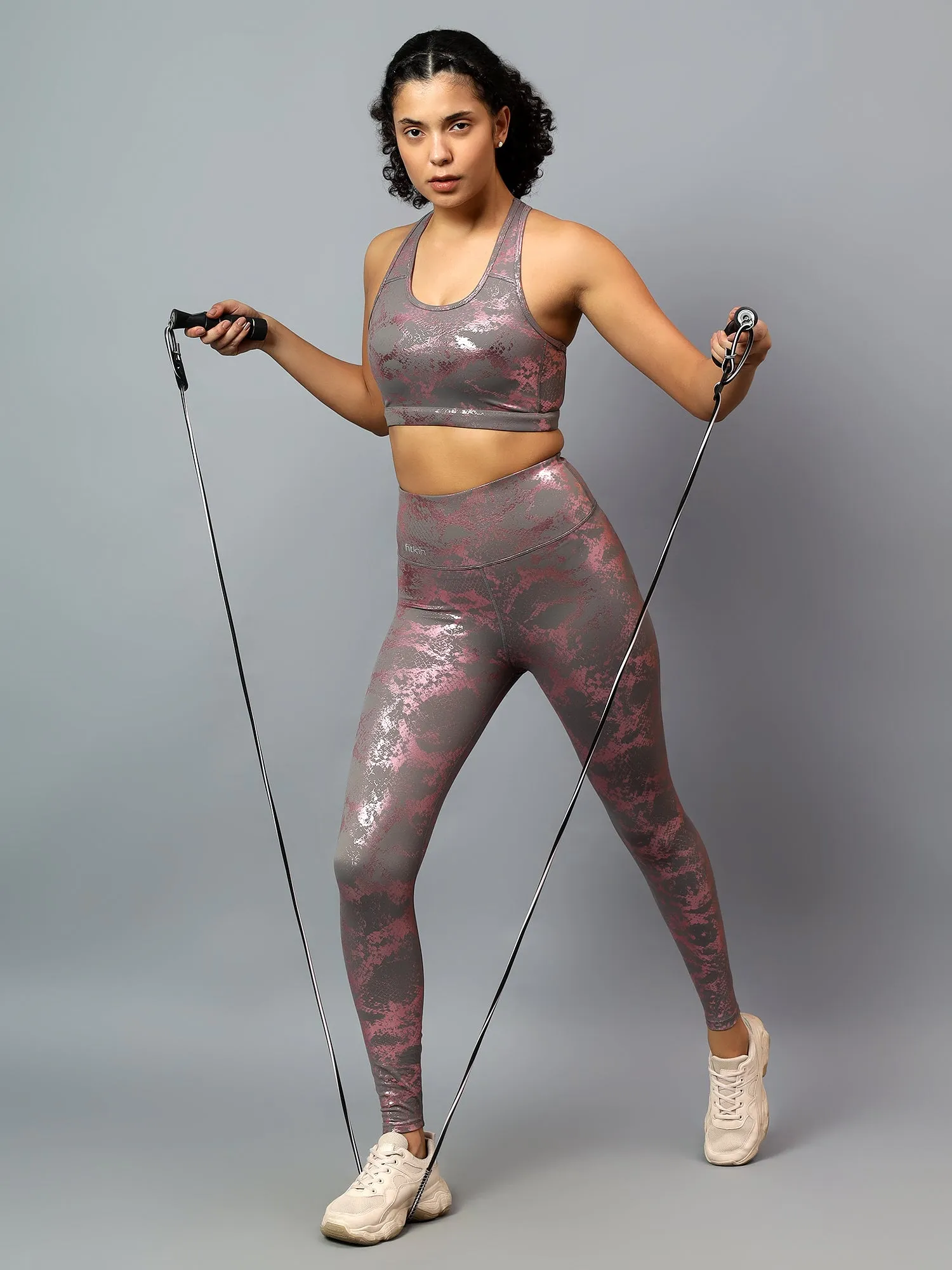 Fitkin Women Pink Animal Print Sports Bra Leggings Co-ord Set