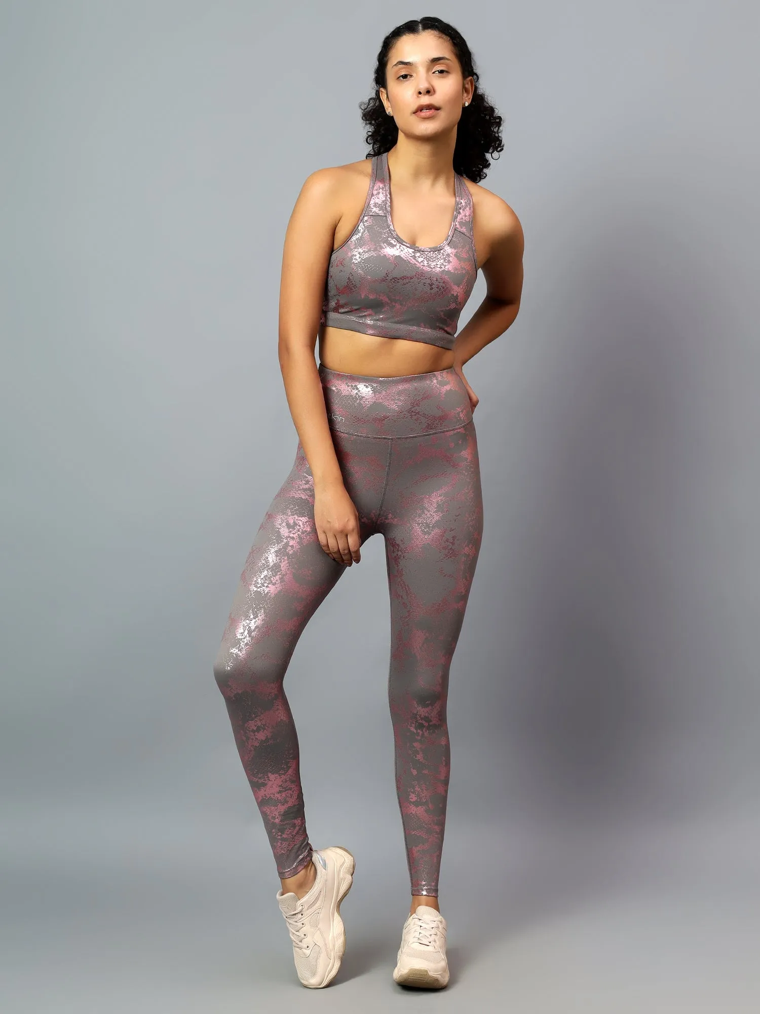 Fitkin Women Pink Animal Print Sports Bra Leggings Co-ord Set