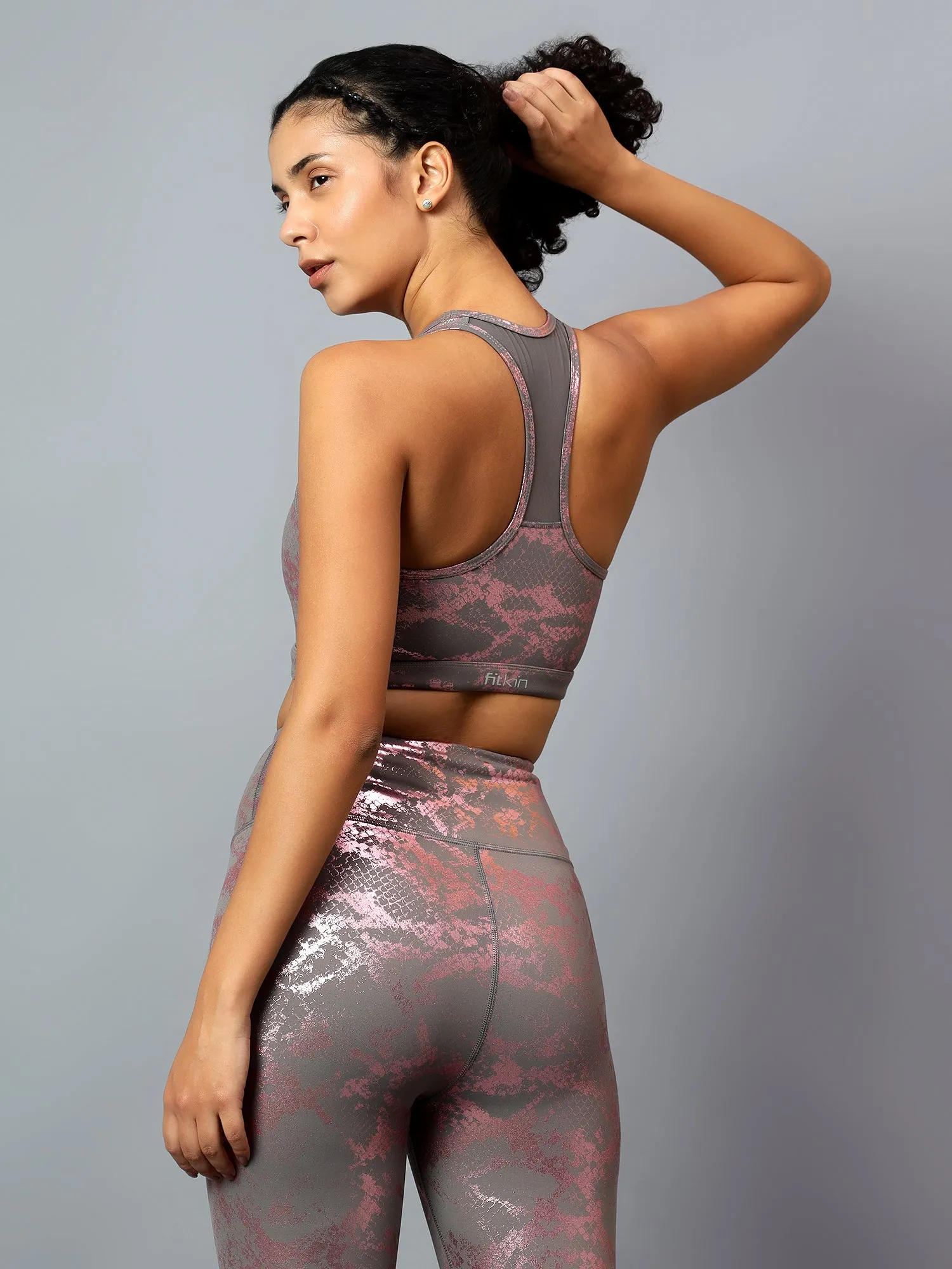 Fitkin Women Pink Animal Print Sports Bra Leggings Co-ord Set