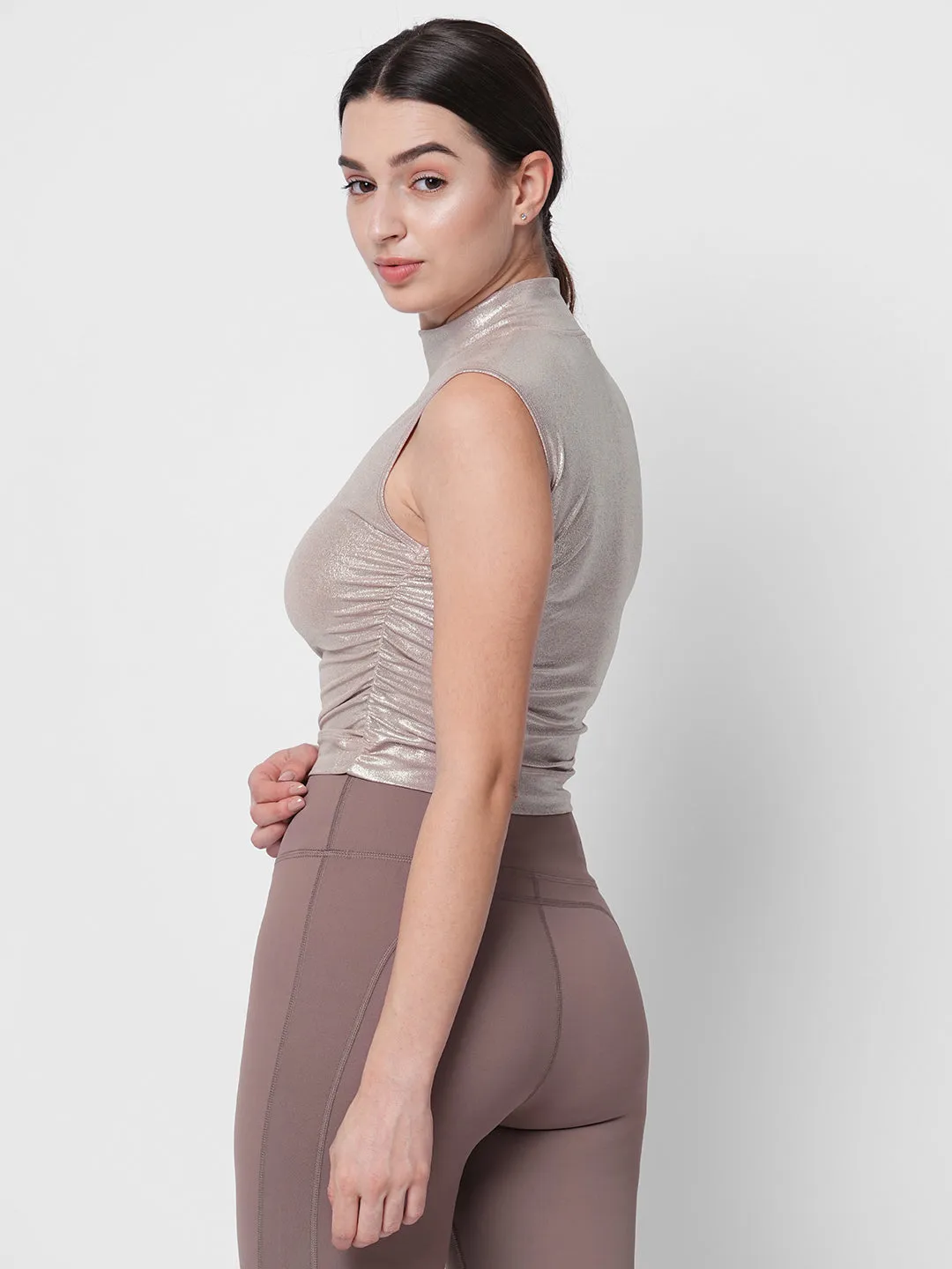 Fitkin women pink metallic side ruched high neck sleeveless top