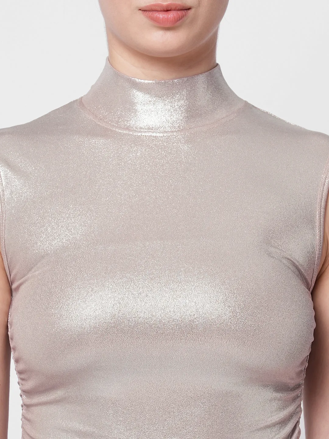 Fitkin women pink metallic side ruched high neck sleeveless top
