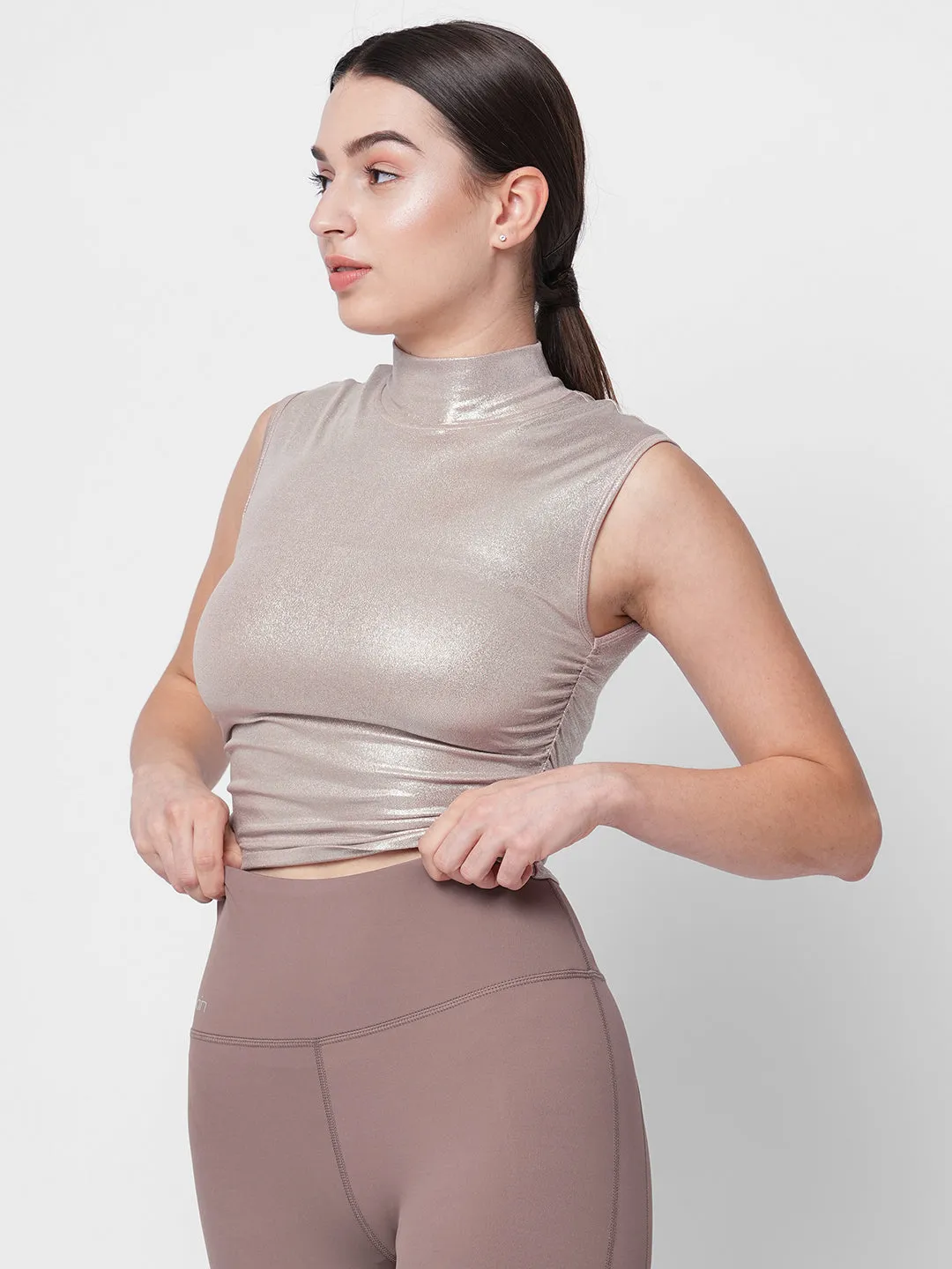 Fitkin women pink metallic side ruched high neck sleeveless top