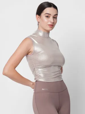 Fitkin women pink metallic side ruched high neck sleeveless top