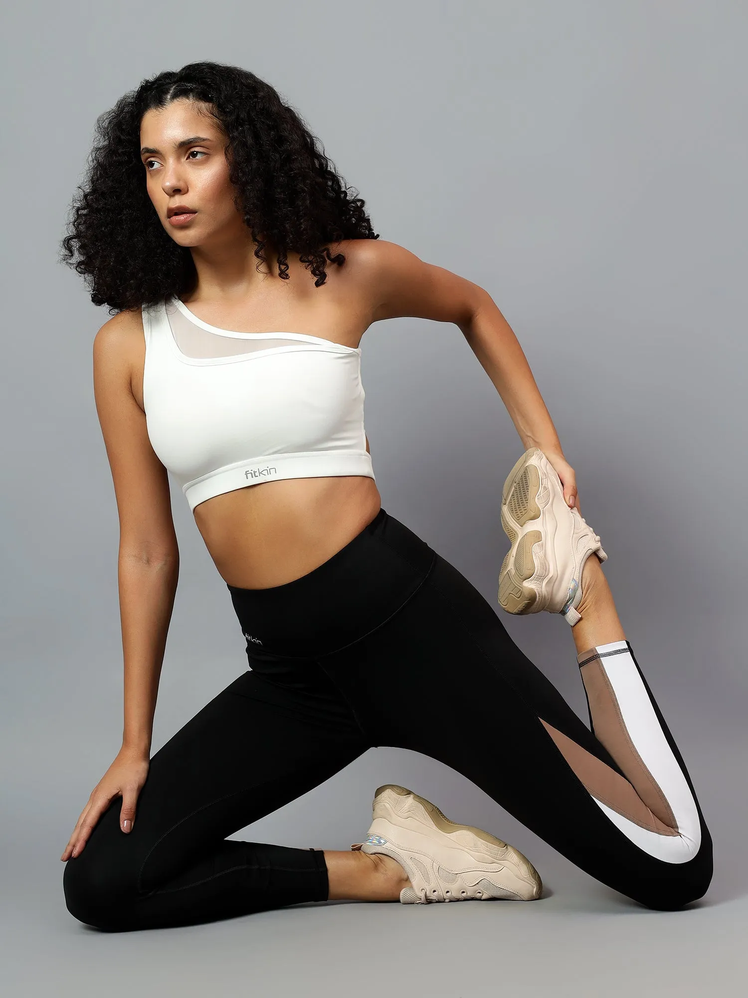 Fitkin Womens Black Colorblock High Waist Curve Sculpting Tights