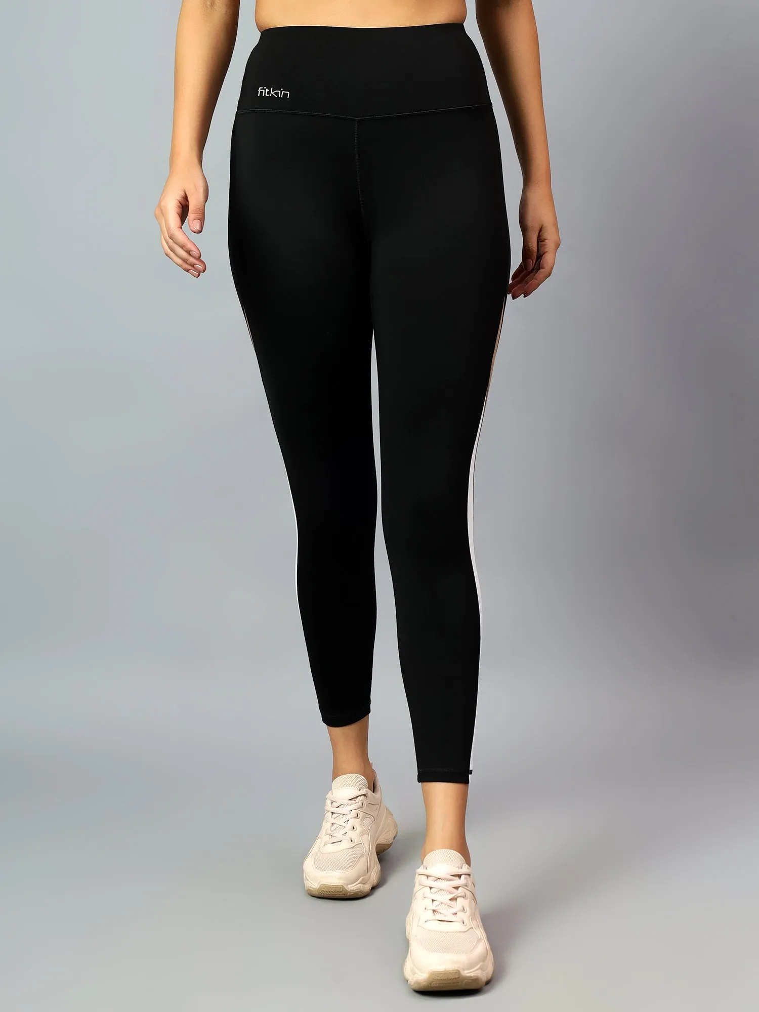 Fitkin Womens Black Colorblock High Waist Curve Sculpting Tights