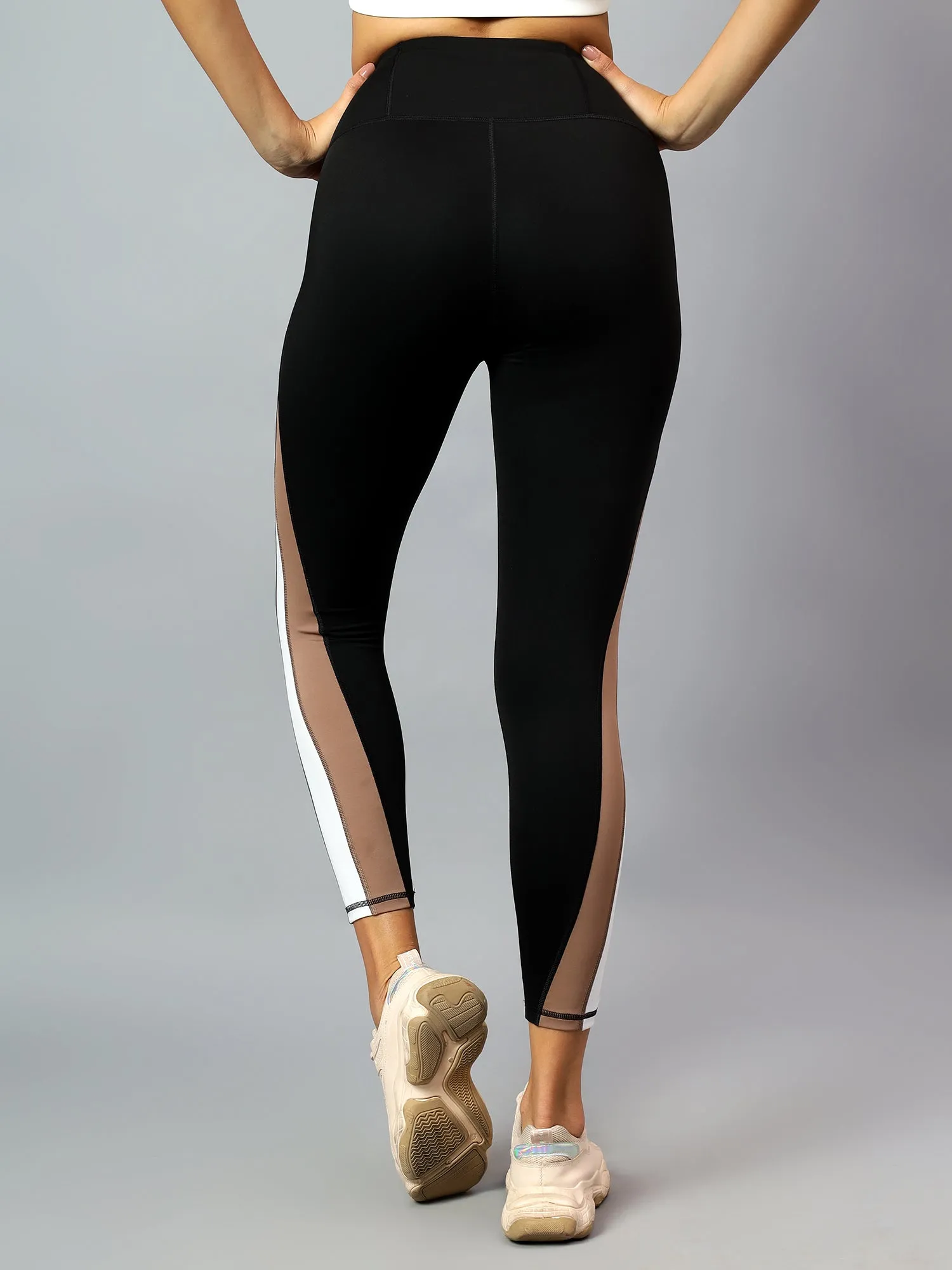 Fitkin Womens Black Colorblock High Waist Curve Sculpting Tights
