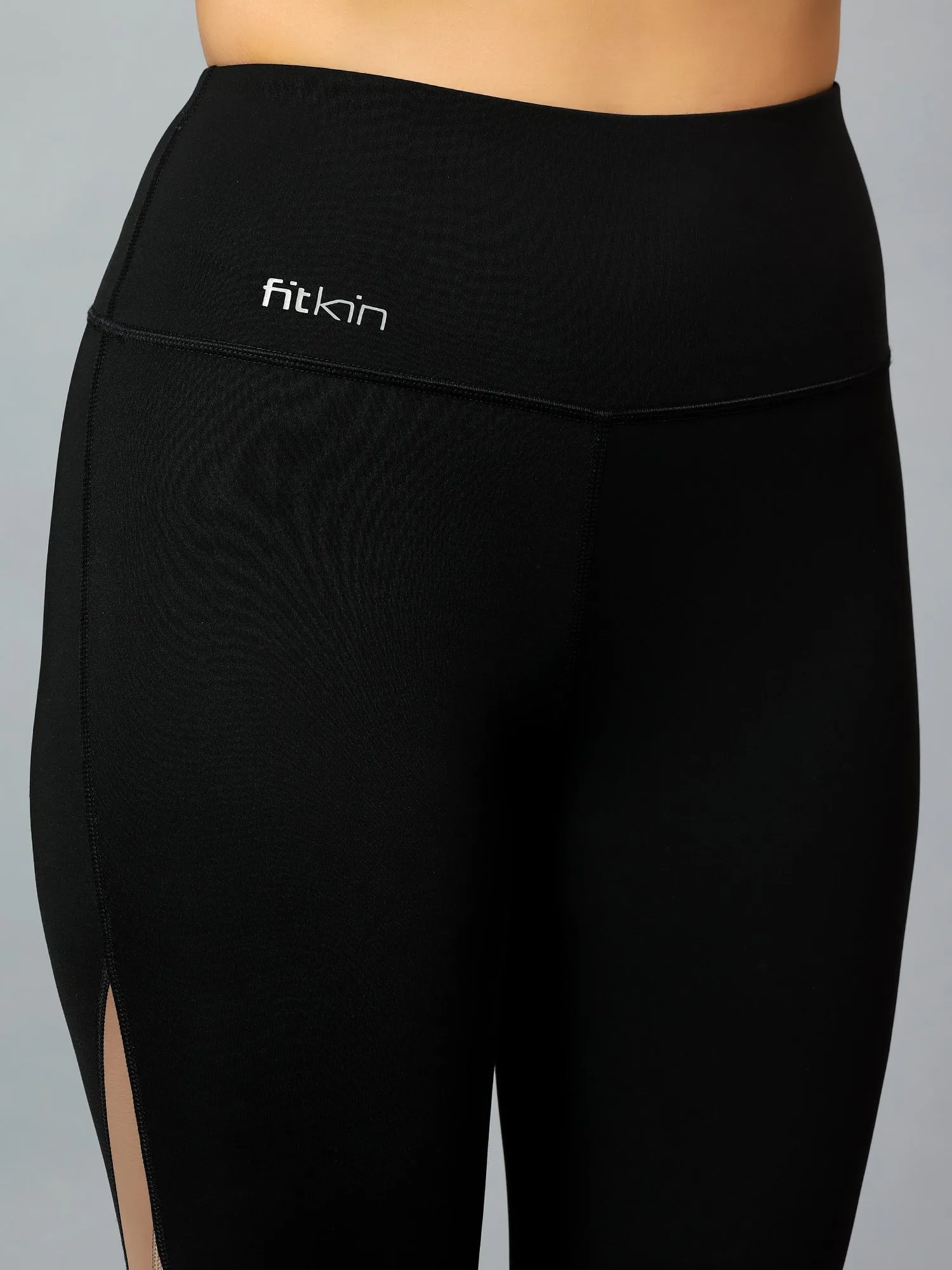 Fitkin Womens Black Colorblock High Waist Curve Sculpting Tights